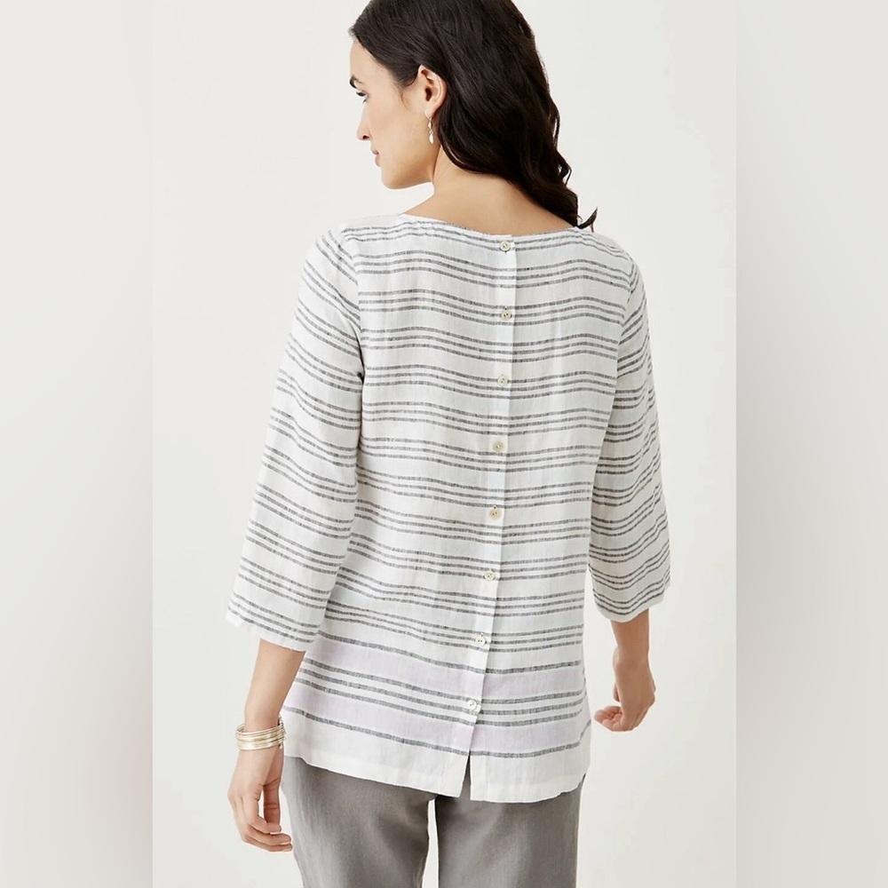 J Jill Love Linen Striped Button Back Top Scoop Neck Sleeve Lightweight Large